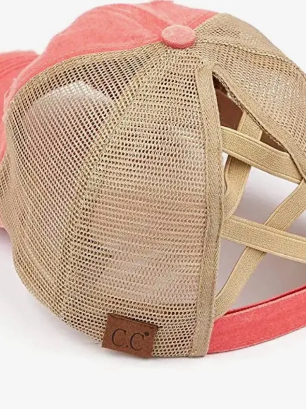 Coral Pink and Beige Mesh Baseball Cap by Funky Junque. - Picture 2 of 4